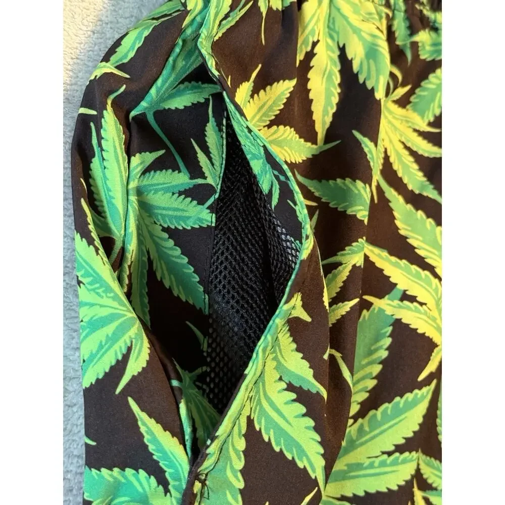 Buddies Marijuana Pot Cannabis Leaf Swim Shorts Trunks Board Green 420 Weed EUC